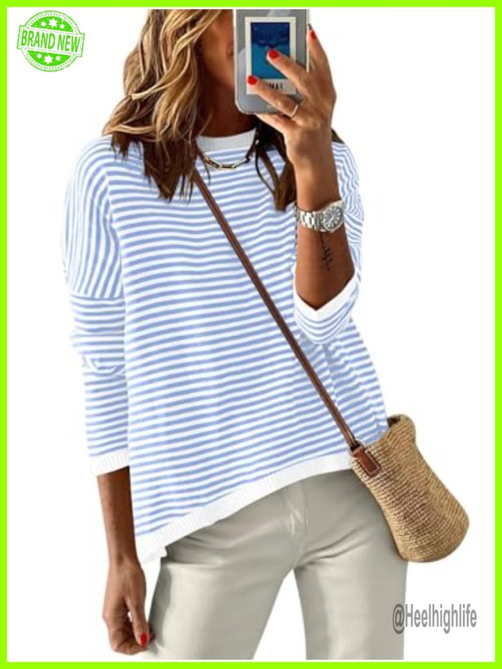 Striped Sweater Womens Long Sleeve Knit Pullover Loose Fit Fall Casual Top
